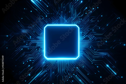 Technology quantum blue portal on circuit motherboard with thin line glowing wires. Tech background. Ai chip concept. Abstract light neon square frame HUD. Computer digital bg. Vector illustration