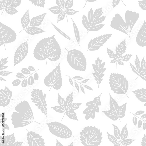 Seamless pattern with gray silhouette leaves on white background - leaf of maple, oak, linden, aspen, ginkgo, and others. Print for textile, package, and wrapping paper. Vector illustration