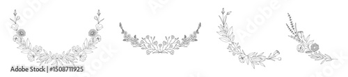 Set of wreaths, frames of floral branches. Garlands of twigs, black contour, isolated on white. Botanical sketches in line art style for wedding decoration, and design projects. Vector illustration