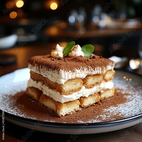 Square Tiramisu Cake with Cream, Cocoa Powder, Mint Leaves on a Plate