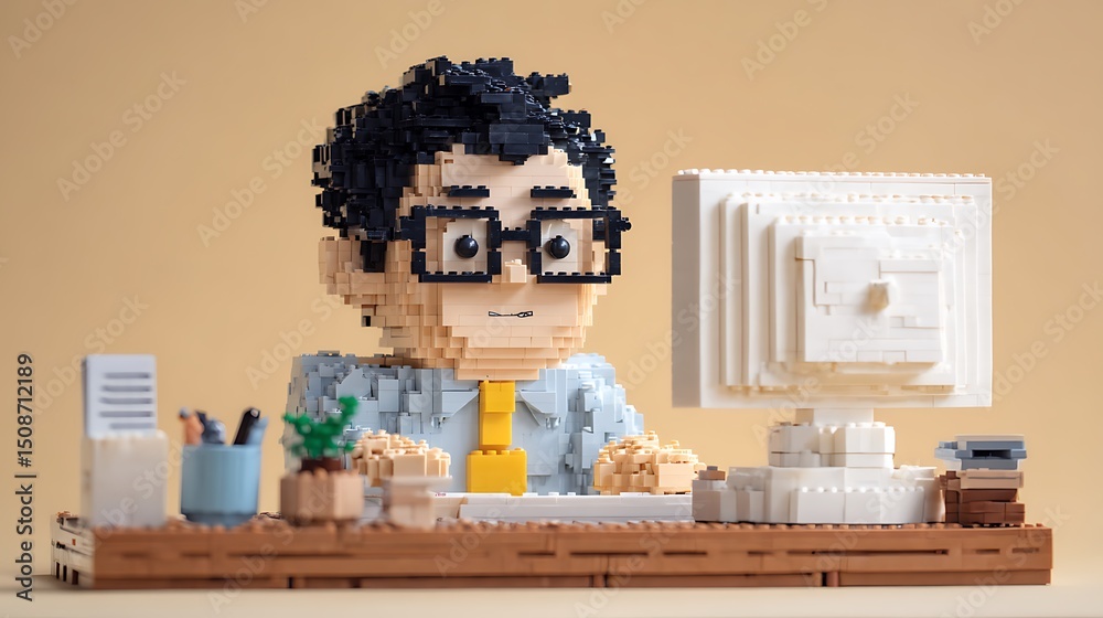 Fototapeta premium 책상 앞에서 작업하는 귀여운 레고 캐릭터 장면 AI 생성