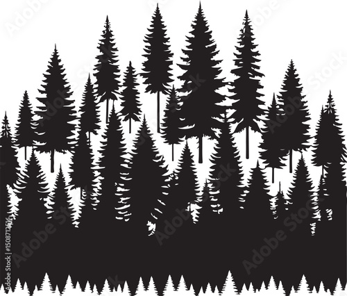 Evergreen trees forest vector, pine tree forest silhouette