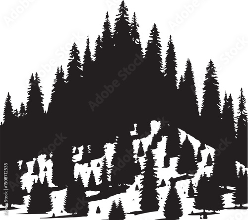 Evergreen trees forest vector, pine tree forest silhouette