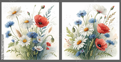 A delicate watercolor illustration of wildflowers, where daisies, cornflowers, and poppies are freely scattered