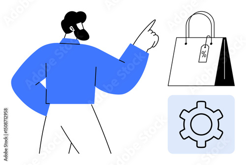 Man pointing towards shopping bag with a discount tag, accompanied by cogwheel icon. Ideal for e-commerce, sales management, digital marketing, settings, online services, shopping apps, simple