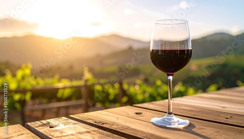 Sunset view, red wine glass on wooden table, vineyard backdrop