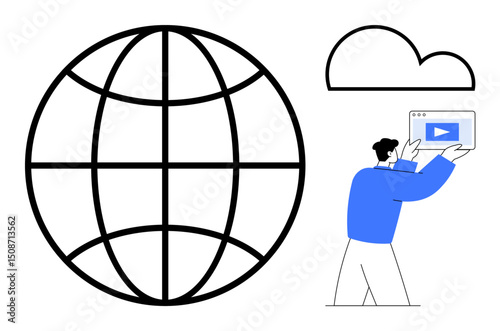 Globe symbolizing connectivity, cloud representing storage, and person engaging with digital screen. Ideal for technology, global network, digital communication, remote work, innovation, cloud