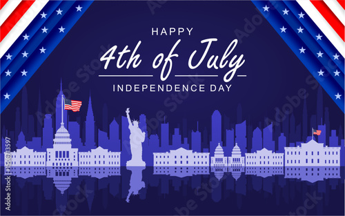 Happy Independence Day USA background with silhouette of skylines and historical landmarks and united states flag. 4th of july banner, greeting card.