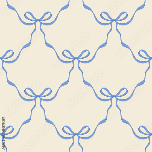 Coquette bows lattice seamless pattern. Cute charming hand drawn vector print. A whimsical mix of vintage and romantic styles, perfect for greeting cards, gifts, fashion, and celebration designs.