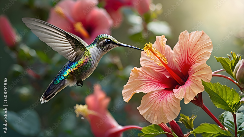 Fototapeta premium Ruby-throated hummingbird in flight, wings beating, feeding on a red flower, a small, green avian marvel of nature