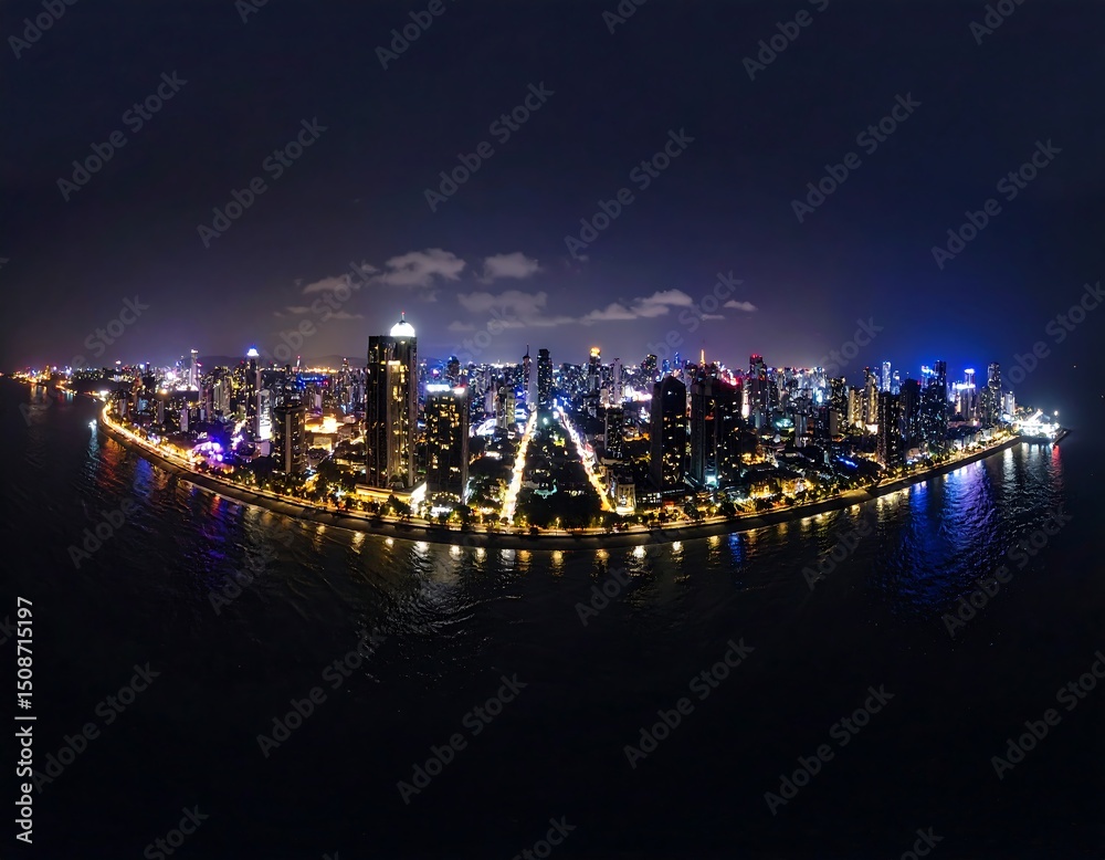 Fototapeta premium Nighttime aerial panorama of a city island, illuminated streets and buildings reflected in dark water