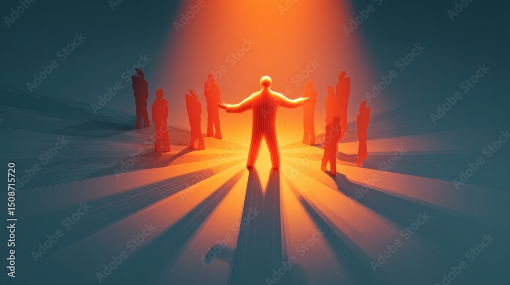 Fototapeta premium Person Surrounded by Silhouettes Under Dramatic Light and Shadows