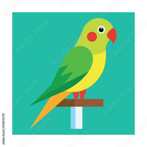 Colorful cartoon parrot perched on a wooden branch with bright green and yellow feathers