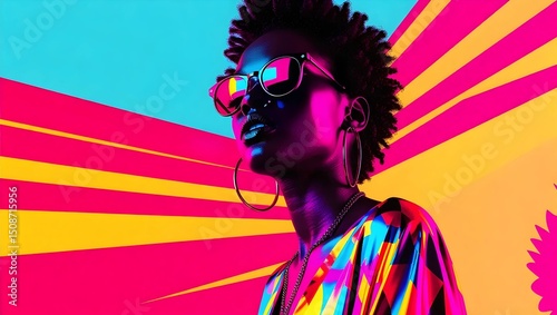 A vibrant, neon-infused artwork showcasing an African American woman with sunglasses, hoops, and radiant colors. The bold style brings a stylish energy.