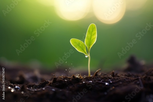 Water drop on newly planted sprout leaf soil.