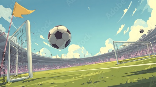 골문 앞 공중에 떠 있는 축구공과 밝은 경기장 AI 생성