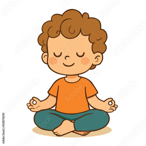 Illustration of a Cute Boy Meditating in Lotus Pose with Peaceful Expression