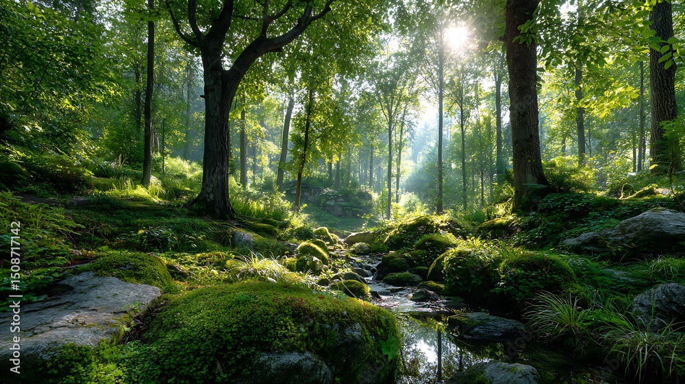 Obraz premium 싱그러운 숲속 계곡과 햇살 AI 생성