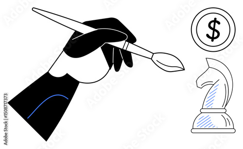 Black and white arm holding a paintbrush, chess knight piece, and dollar coin suggest merging artistic creativity with financial strategy. Ideal for concepts of innovation, strategy, business