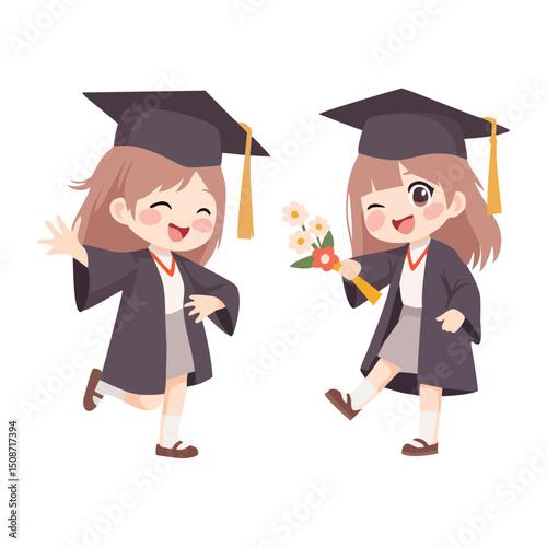 Cute happy graduated kids character vector illustration. Girls celebrating graduation in cap and gown