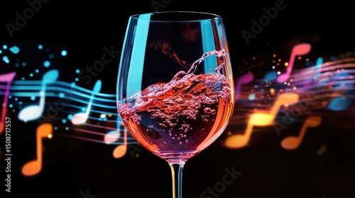 A glass of wine vibrating to musical notes, symbolizing harmony between taste and sound. Perfect for advertising, branding, or editorial art.