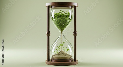 Minimal glass hourglass with plant sprouting inside symbolizing time-bound environmental care and organic life growth