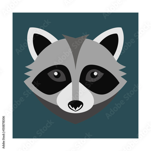 Cute flat design illustration of a friendly raccoon head against a teal background