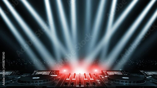 Electrifying Beats: A DJ setup basks in the dazzling glow of a vibrant light show, ready to unleash an unforgettable musical experience, radiating energy, anticipation, and electrifying ambiance.