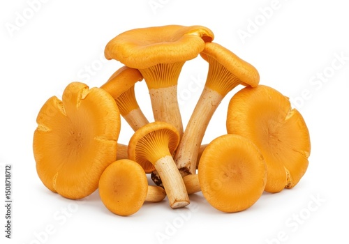 Pile of golden chanterelle mushrooms on a white background