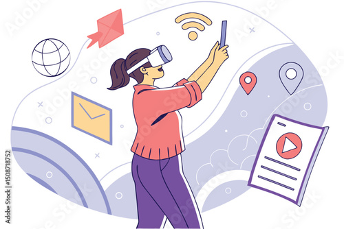 "Woman wearing AR/VR headset surrounded by holographic icons and apps"
