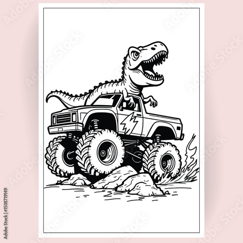 Roar-some Monster Truck T-Rex Coloring Page Prehistoric Fun on Wheels