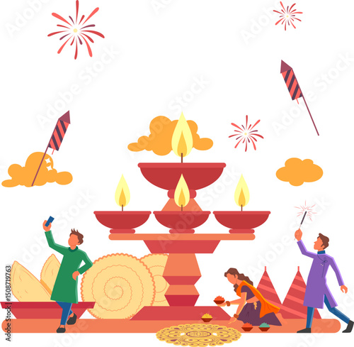 Indian people celebrating on Happy Diwali Hindu Holiday background for light festival of India
