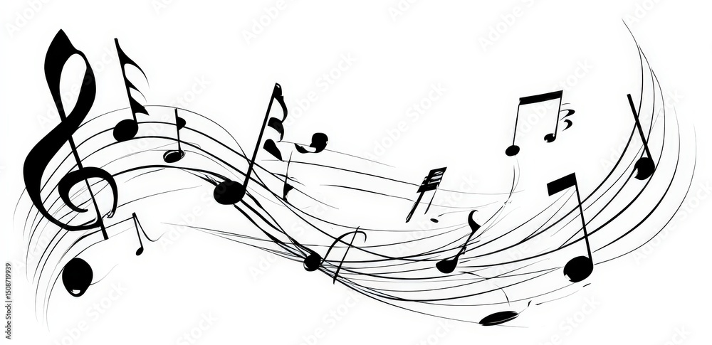 Musical Notes Flowing Across A White Background In A Decorative Pattern Musical Notes Flowing Across A White Background In A Decorative Pattern