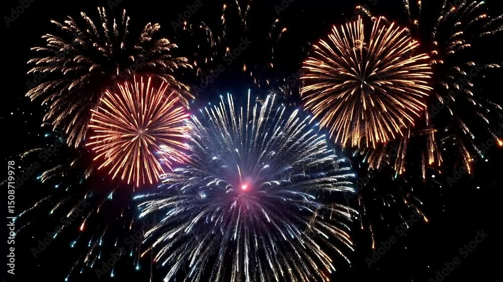 A dazzling array of multicolored fireworks bursts open against the black night sky, radiating sparkling trails and energetic explosions in a celebratory overhead display
