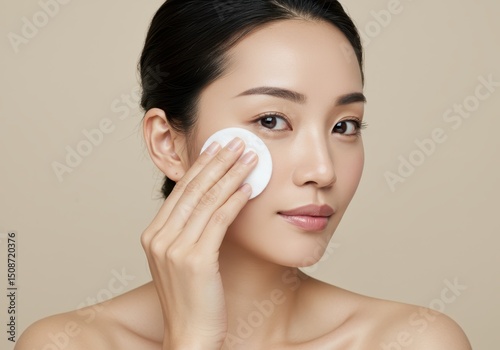 Asian woman cleans face with cotton pad for skincare routine on neutral background
