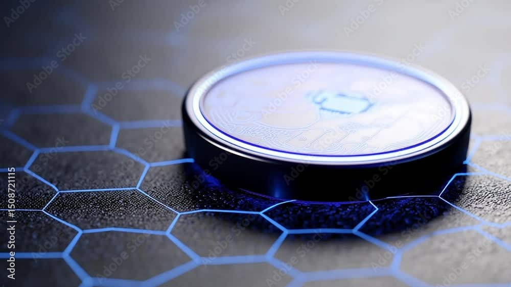 A close-up view of a glowing digital coin on a hexagonal patterned surface, symbolizing cryptocurrency and advanced technology.