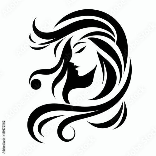 A stylized black and white vector illustration of a graceful woman in profile with flowing hair on white background