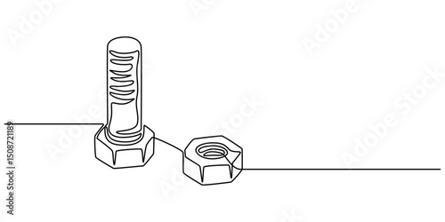 Screw, bolt and nut, dowel, pin, pintle one line art. Continuous line drawing of repair, professional, hand, people, concept, support, maintenance, Continuous one line drawing of abstract bolt and nut