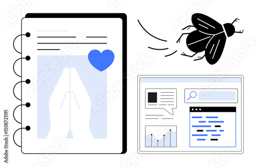 Open notebook with folded hands and heart graphics, search window with analytics and text, and flying insect. Ideal for spirituality, analytics, content creation, nature, meditation, data simple