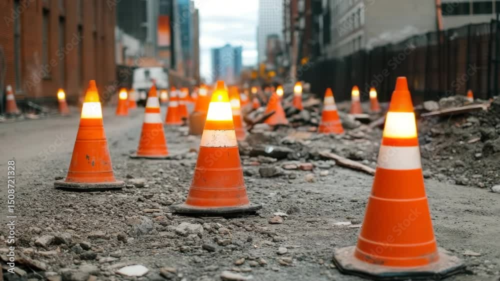 Construction cones on rough gravel road and urban street with orange traffic signaling caution during roadwork in city area near buildings and busy street traffic