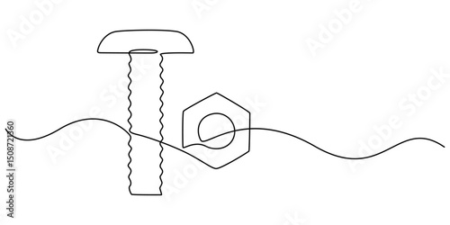 Screw, bolt and nut, dowel, pin, pintle one line art. Continuous line drawing of repair, professional, hand, people, concept, support, maintenance, Continuous one line drawing of abstract bolt and nut