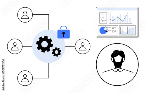 Connected team icons surrounding gears and padlock represent secure collaboration. Analytics dashboard and user profile suggest data-driven leadership. Ideal for teamwork, cybersecurity, data