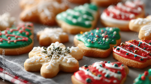 Colorful Christmas cookies decorated with icing and sprinkles fabric surface festive and sweet holiday treats joyful holiday