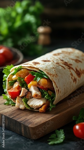 Freshly wrapped chicken burrito with vegetables and herbs on wooden board in a cozy setting