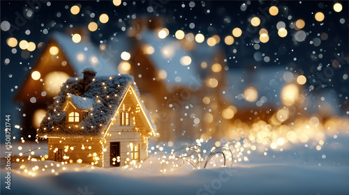 Cozy miniature house decorated with warm string lights snowy winter scene with blurred glowing lights background