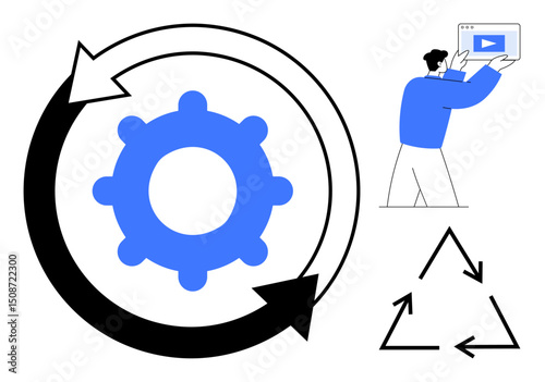 Gear encircled by arrows, person holding a screen, and recycling symbol. Ideal for sustainability, workflow, process improvement, technology, renewable energy, education simple landing page