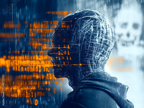 AI-generated image of a hacker in a digital hoodie dissolving into code, with glowing binary numbers in the background. Cybersecurity, anonymity and technology concept with a futuristic style. 
