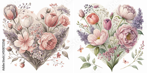Romantic heart-shaped composition made of delicate spring flowers - tulips, peonies and lilac. On a white background