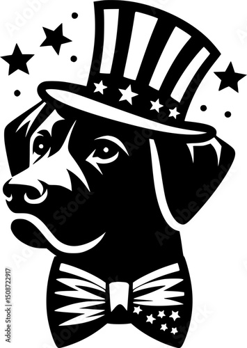 Independence Day Dog. Patriotic Dog Silhouette Wearing Uncle Sam Hat and Bow Tie with Stars