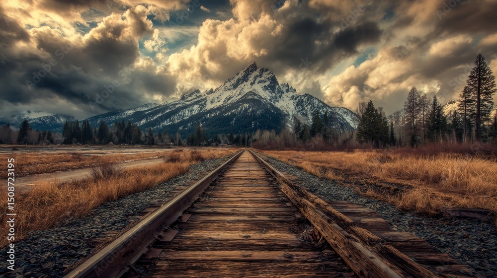 Fototapeta premium Empty Railroad Tracks Leading To Snow Capped Mountain Under Dramatic Sky
